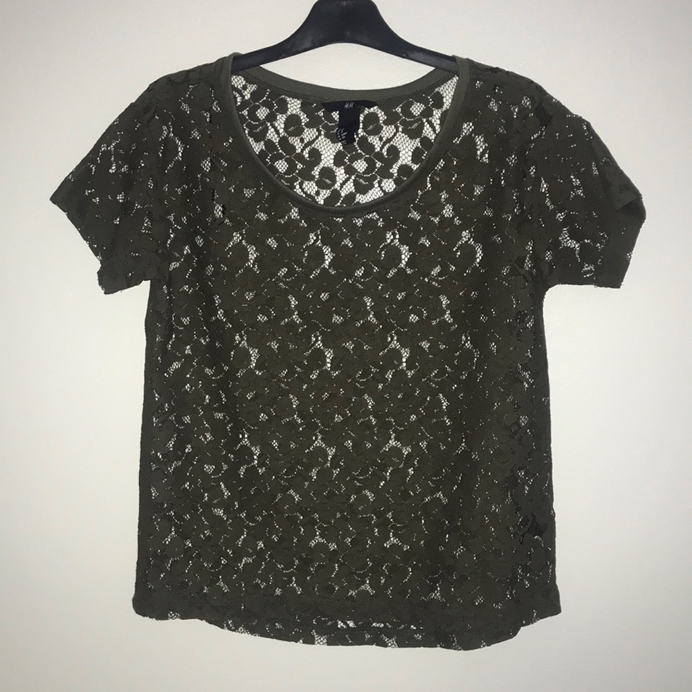 H&M. Olive green floral lace short sleeve. X-SMALL